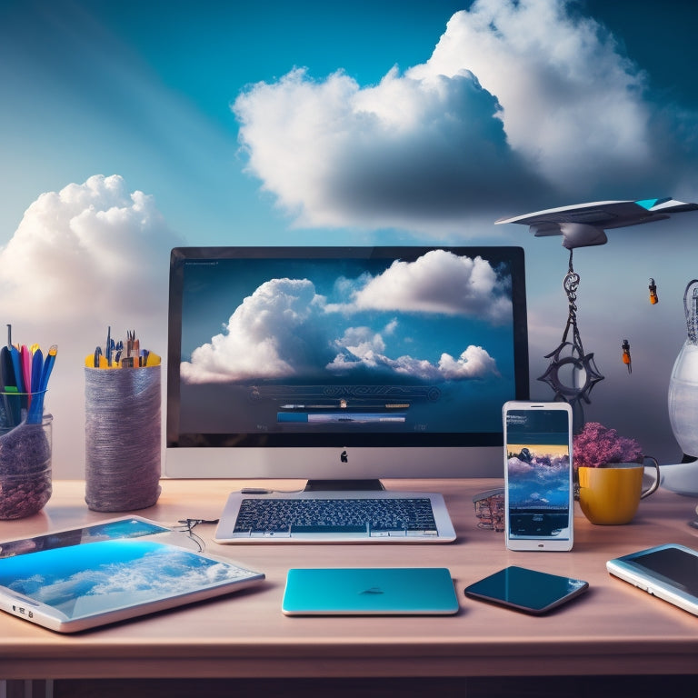 A futuristic, minimalist desk with a laptop, tablet, and smartphone, surrounded by colorful, swirling clouds of digital icons, wires, and gears, blending physical and virtual learning environments.