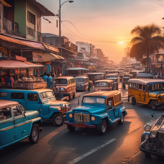 A bustling Filipino street scene at sunset, with a mix of old and new cars, jeepneys, and tricycles, surrounded by vibrant street food stalls and colorful billboards.