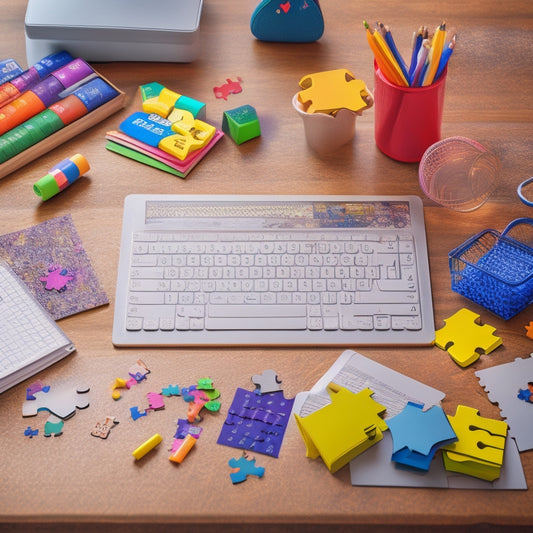 Illustrate a colorful, clutter-free desk with an open laptop displaying a puzzle book page, surrounded by scattered math-themed toys, pencils, and a few solved puzzle sheets with colorful stickers.