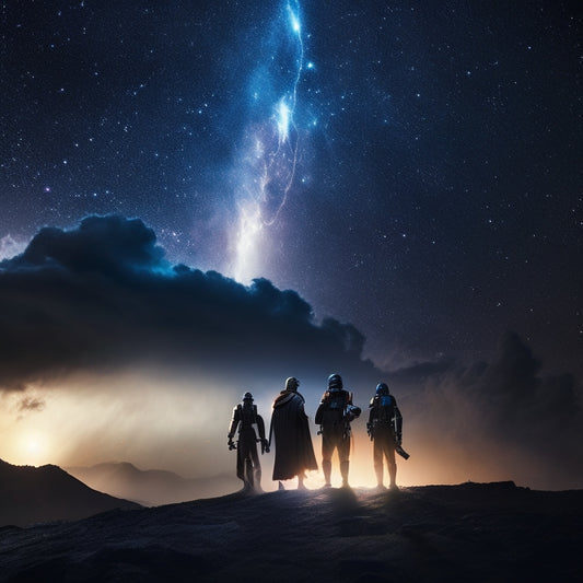A dimly lit, starry night sky with silhouettes of iconic Star Wars characters, including Rey, Finn, and Kylo Ren, amidst swirling storm clouds and distant, glowing lights of a galaxy in turmoil.