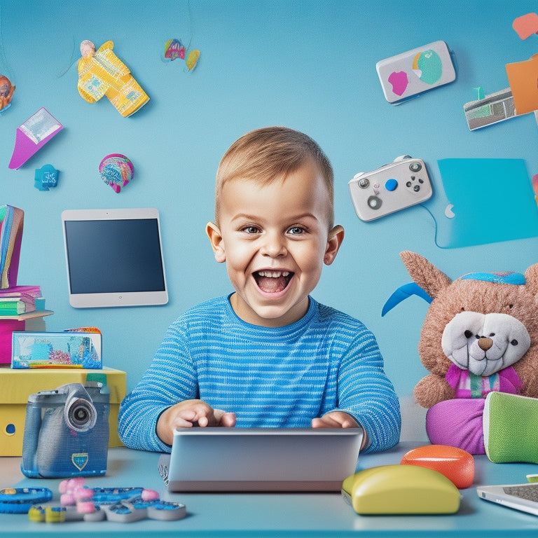 A colorful illustration of a happy, curious child surrounded by various digital devices (tablet, laptop, smartphone) with engaging educational apps and games open on their screens.