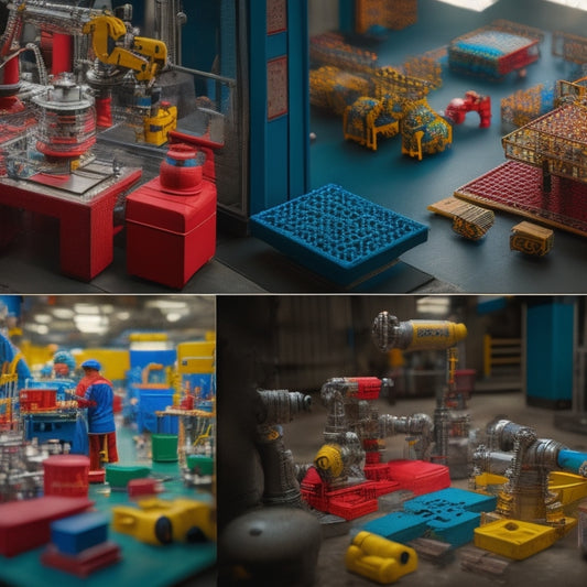 A colorful, lively scene of a Chinese factory floor where various math toys are being manufactured, with geometric shapes, robots, and puzzles scattered around, amidst busy workers and machinery.