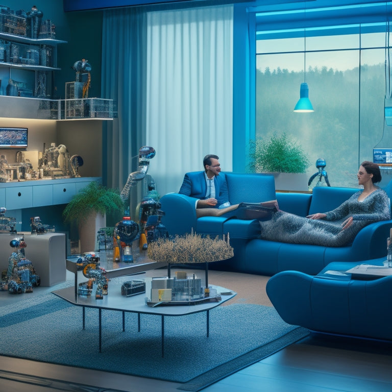 A futuristic living room with a concerned parent sitting on a couch, surrounded by robots of various shapes and sizes, with wires and screens displaying AI code, amidst a subtle background of circuit boards and motherboards.