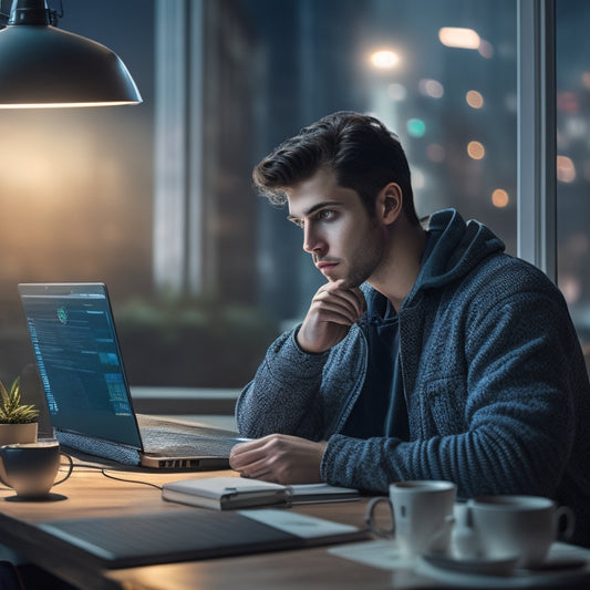A young adult, early 20s, with a curious expression, sits in front of a laptop with multiple screens open, surrounded by empty coffee cups, wires, and coding books, in a dimly lit room with a cityscape outside.
