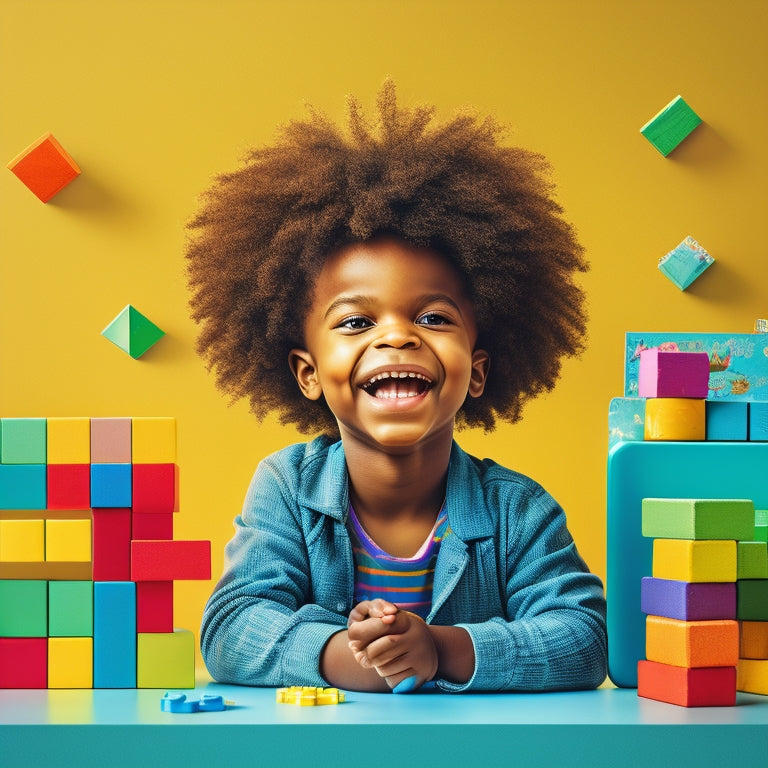 A colorful illustration of a smiling child surrounded by math-inspired elements: building blocks, puzzles, geometric shapes, and a chalkboard with scribbled equations, set against a bright, sunny background.