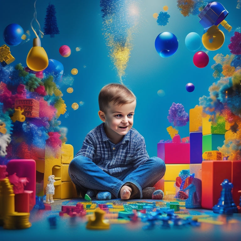 A colorful illustration of a child surrounded by puzzle pieces, building blocks, and a few scattered board games, with thought bubbles containing gears, lightbulbs, and sparks.