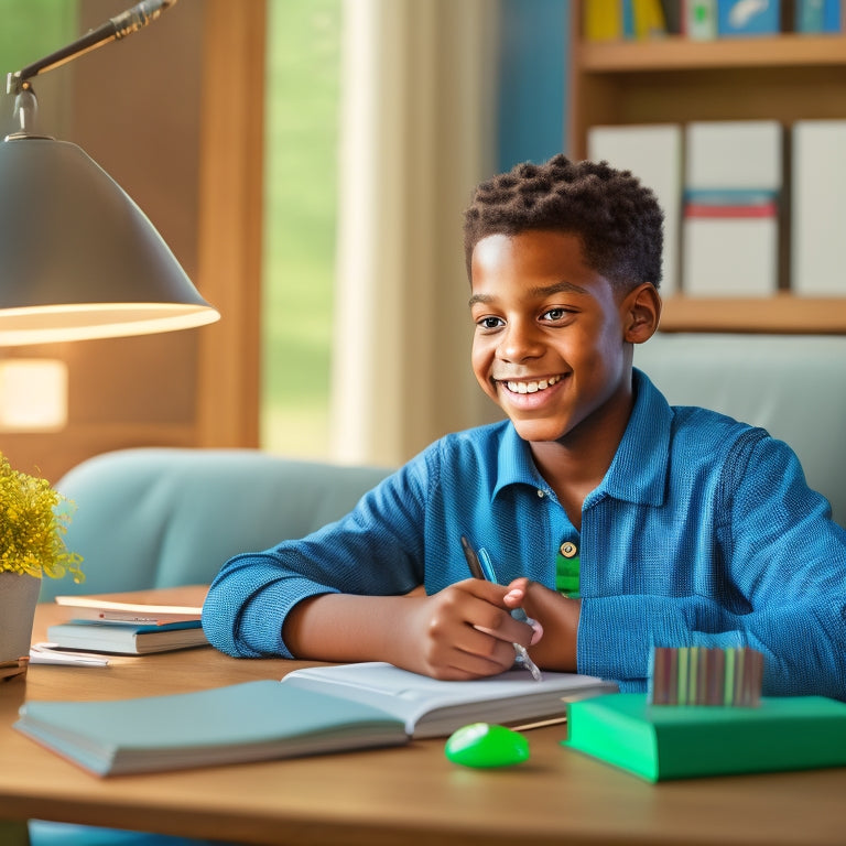 An illustration of a smiling 7th-grade student sitting at a tidy desk with open textbooks, a laptop, and a few organized notebooks, surrounded by a calm and peaceful study environment.