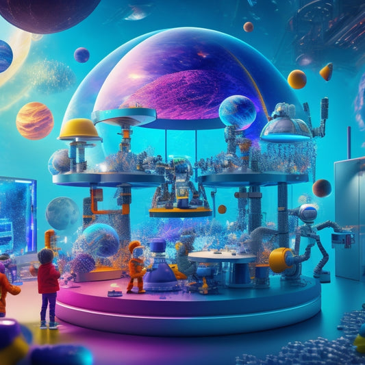 A whimsical illustration of a futuristic laboratory filled with robots, microscopes, and petri dishes, surrounded by excited kids in virtual reality headsets, amidst swirling clouds of colorful DNA helices and orbiting planets.