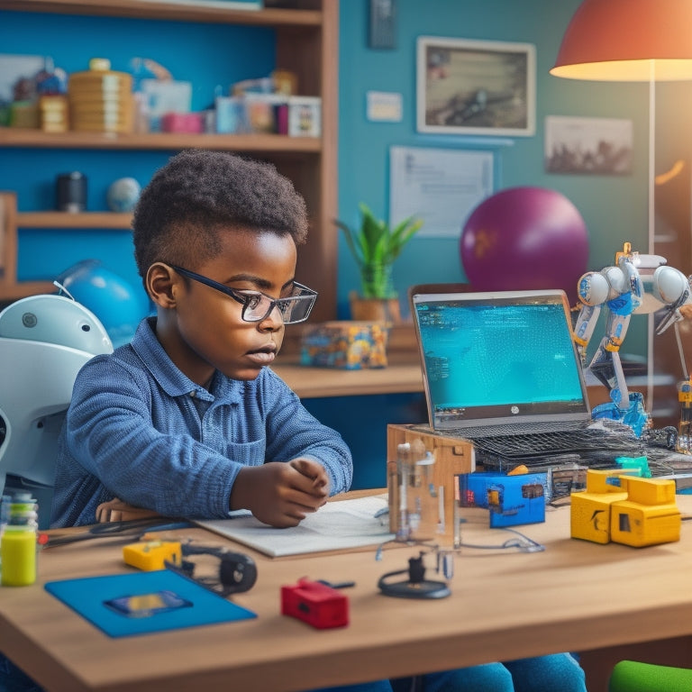 A colorful illustration of an elementary-aged student sitting at a desk, surrounded by STEM tools and gadgets, with a laptop open to a virtual classroom in the background, and robots, microscopes, and coding blocks nearby.