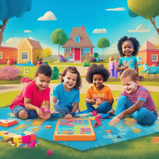 A colorful illustration of happy kids surrounded by iPads, puzzles, and board games, set against a vibrant, sunny background with subtle hints of a park or playground.
