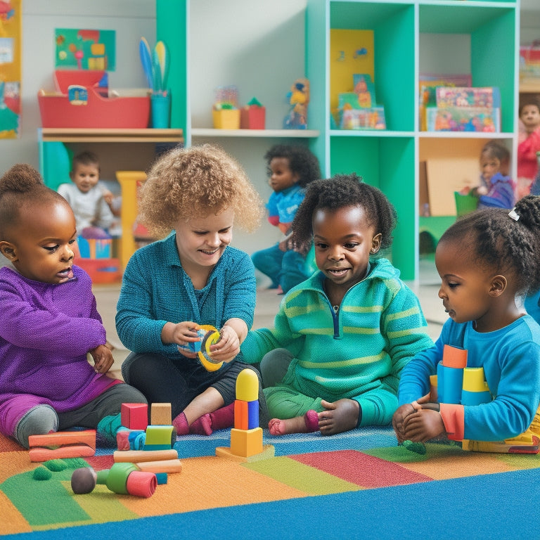 A vibrant, colorful illustration of a joyful early childhood classroom, featuring diverse children aged 3-5 engaged in various play-based learning activities, surrounded by blocks, toys, and educational materials.