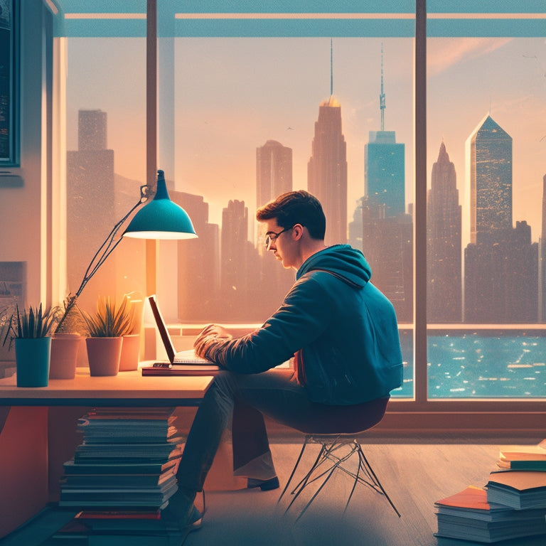 A stylized illustration of a college student sitting in front of a laptop, surrounded by scattered math textbooks and notes, with a subtle cityscape or campus background, incorporating calming colors and minimalist design elements.