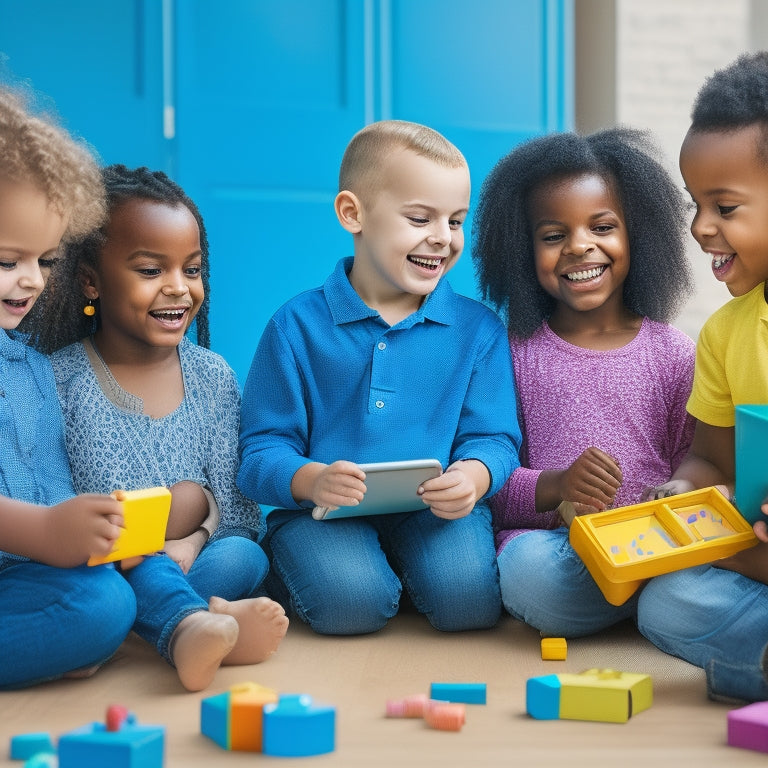 Illustration of a diverse group of young children (ages 4-7) gathered around a tablet, smiling and engaged, with math-based digital tools and apps open on the screen, surrounded by colorful blocks and toys.