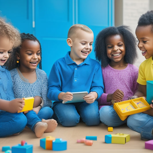 Illustration of a diverse group of young children (ages 4-7) gathered around a tablet, smiling and engaged, with math-based digital tools and apps open on the screen, surrounded by colorful blocks and toys.