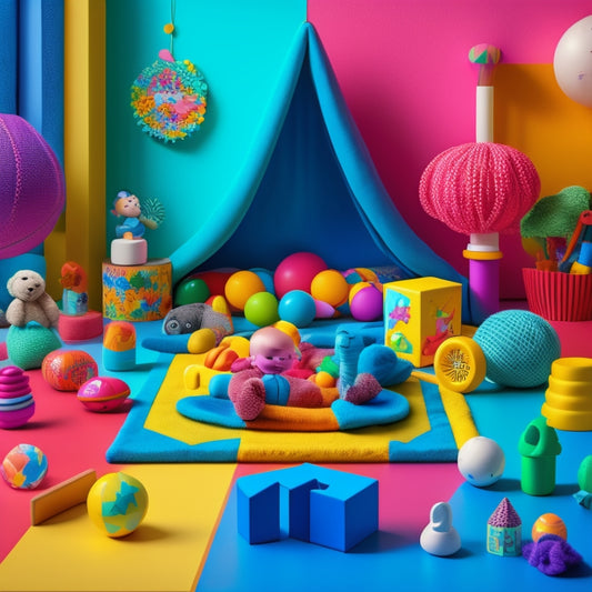 A colorful, clutter-free illustration of a baby's play area featuring a set of toys, including a rattle, soft blocks, and a sensory mat, surrounded by tiny hands and feet.