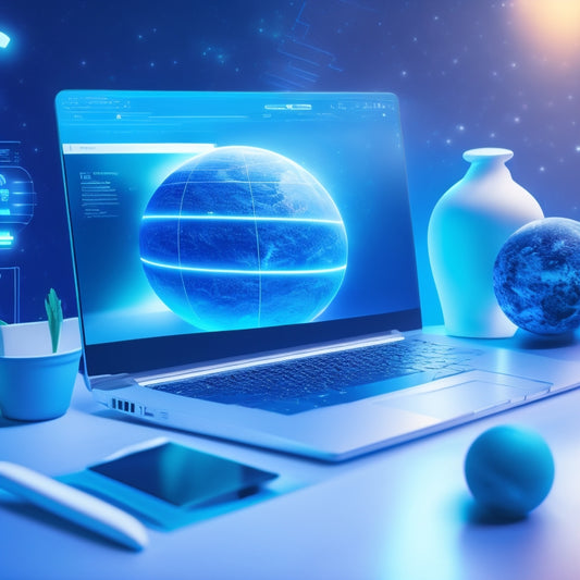 A futuristic, minimalist illustration featuring a laptop surrounded by orbiting icons of popular online learning platforms, with glowing connections and subtle gradient effects, set against a soft, gradient blue background.