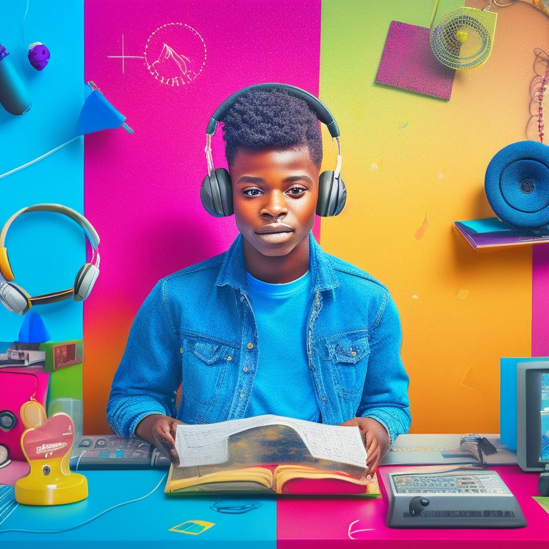 A colorful, clutter-free illustration of a student surrounded by sound waves, musical notes, and interactive lesson tools like headphones, microphones, and a tablet, with a subtle background of a soundboard or recording studio.