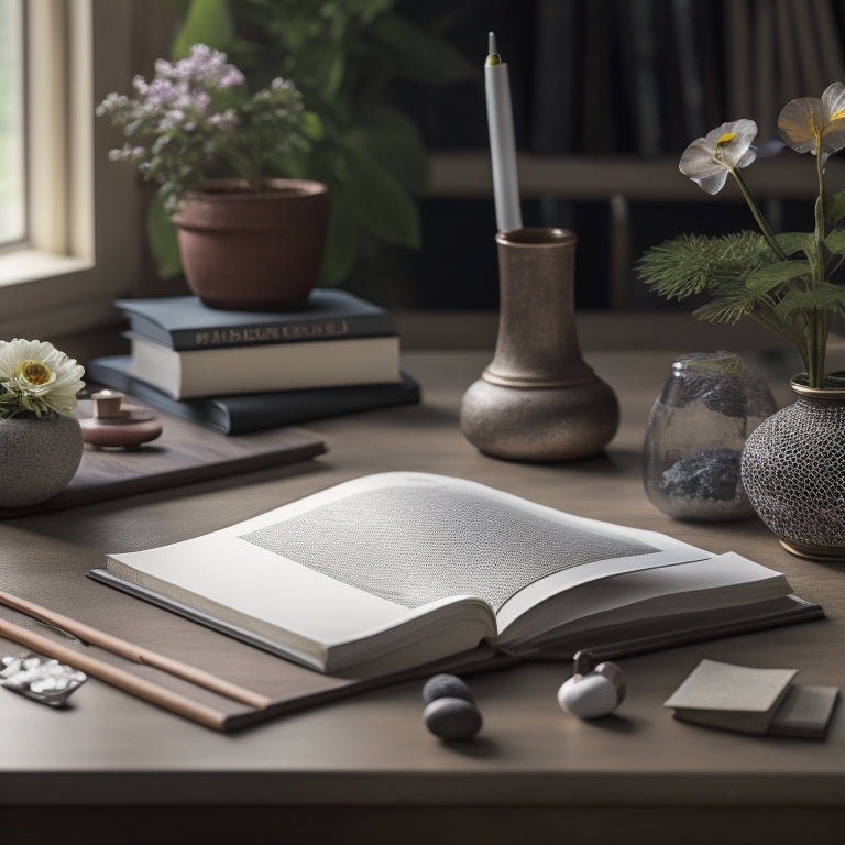 A serene, clutter-free desk with a few strategically placed calming elements: a miniature Zen garden, a single, blooming flower, and a neatly organized math textbook surrounded by a few carefully sharpened pencils.