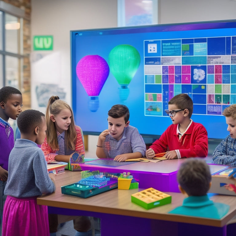 A colorful classroom scene with 5th-grade students gathered around a large, interactive touch screen display, surrounded by math-themed props like geometric shapes, calculators, and pattern blocks.