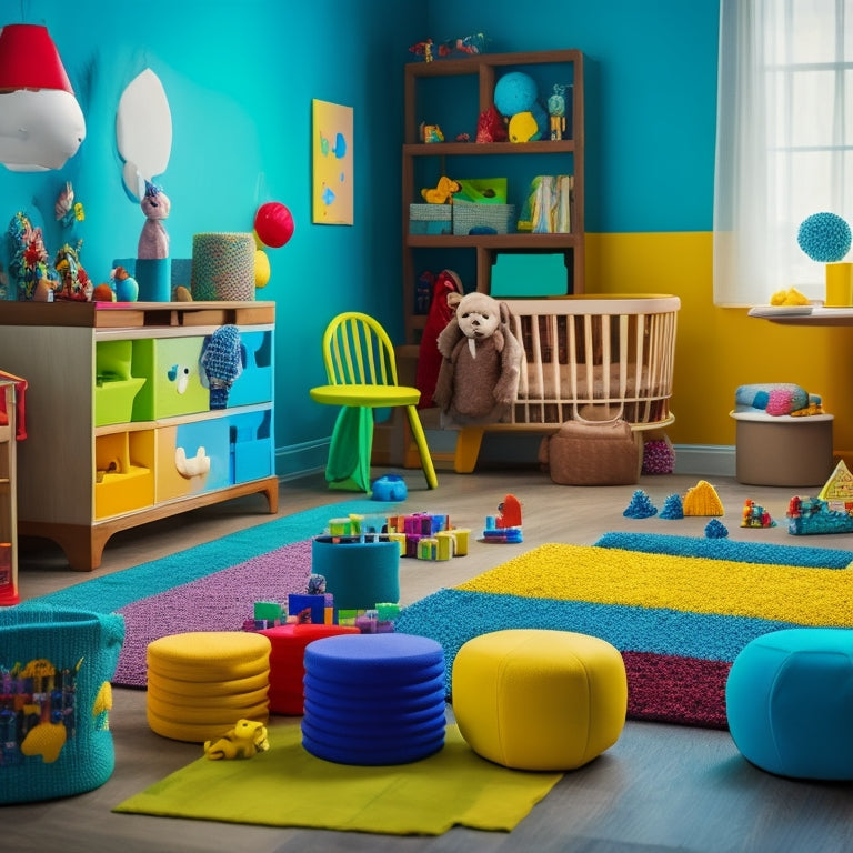 A colorful, clutter-free playroom with a variety of innovative baby toys, including a shape-sorting cube, a music-emitting sensory mat, and a set of stacking cups, surrounded by curious, playing babies.