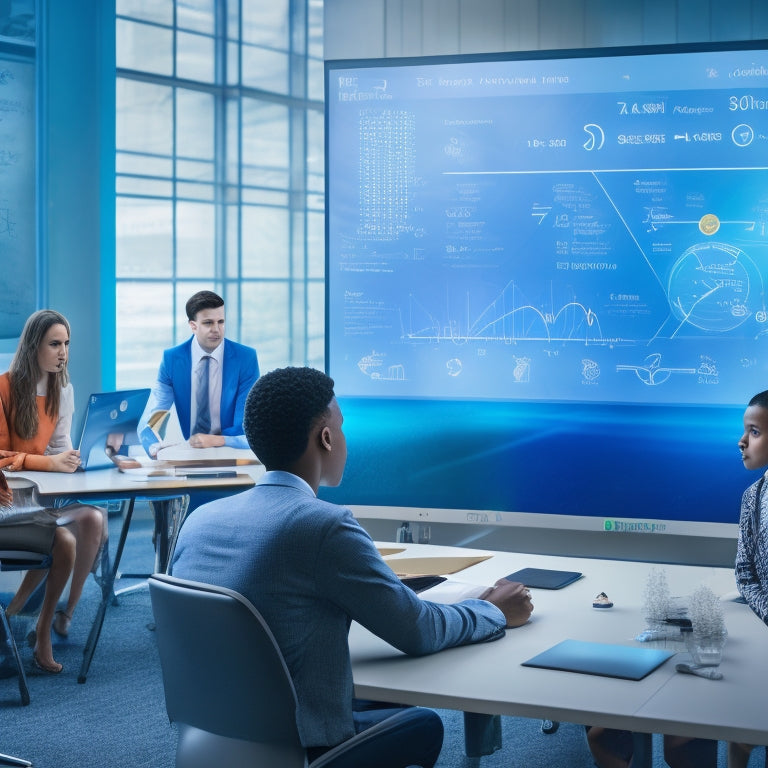 A futuristic classroom with a transparent digital whiteboard displaying vibrant math graphs and formulas, surrounded by diverse students engaged with tablets and laptops, amidst a background of colorful math-inspired shapes and patterns.