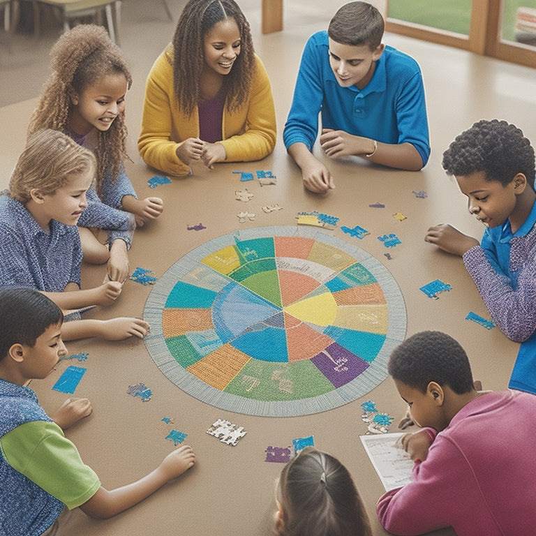 A colorful illustration of a diverse group of 6th-grade students gathered around a large, circular table, engaged in various math activities, with puzzles, charts, and geometric shapes scattered around them.