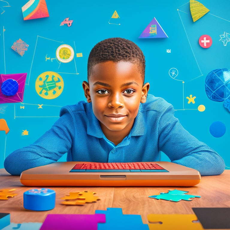 A colorful illustration of a 5th grader sitting in front of a laptop, surrounded by math symbols, shapes, and icons, with a puzzle piece fitting into place above their head, conveying fun and learning.