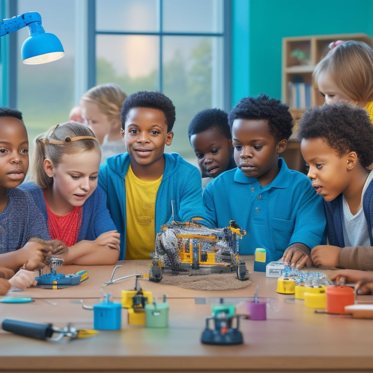 A colorful illustration of a diverse group of elementary students gathered around a table, surrounded by robotic tools and devices, with a robotic arm building a small bridge in the center.