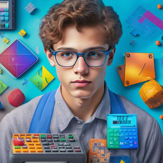 A colorful illustration of a high school student surrounded by mathematical symbols, geometric shapes, and puzzle pieces, with a subtle grid background and scattered calculator keys.