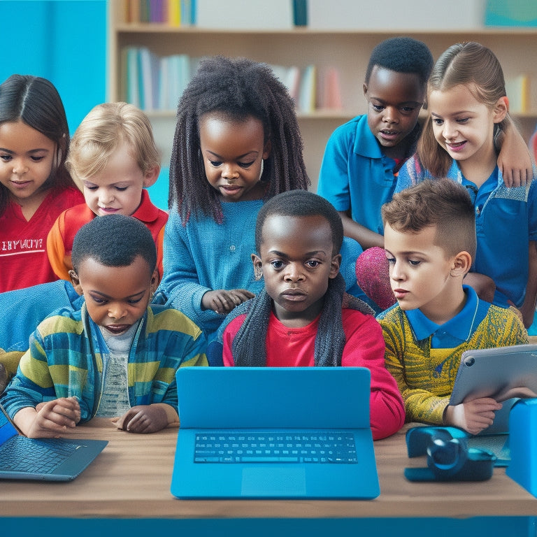 An illustration of a diverse group of children with special needs engaged in digital learning, surrounded by laptops, tablets, and assistive technology devices, set against a bright, colorful background.