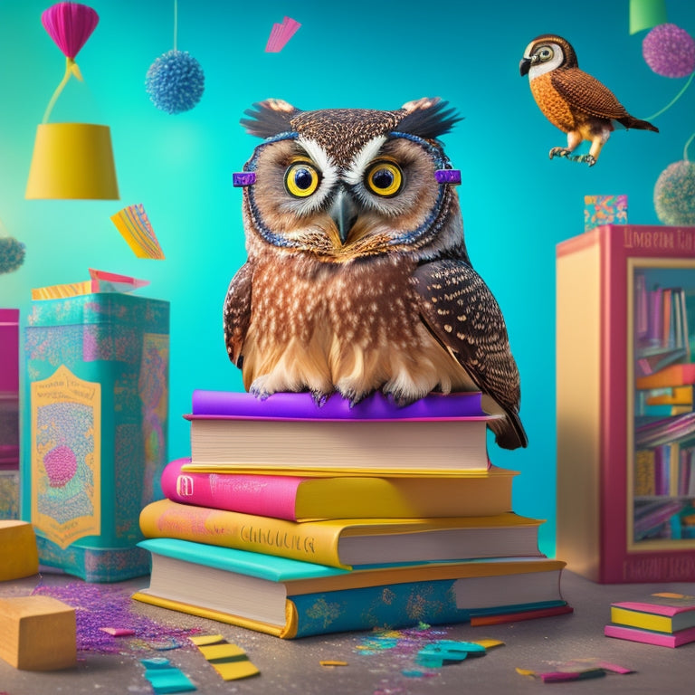 A colorful, whimsical illustration of a smiling, bespectacled owl perched on a phonics book, surrounded by interactive vowel team blocks and confetti, with a subtle background of sound waves and bookshelves.