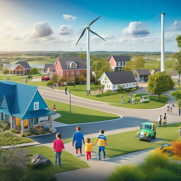 An illustration depicting diverse community scenes: a vibrant urban park with kids playing, a rural town with a revamped main street, and a coastal area with a wind farm, all connected by a subtle grid of power lines.