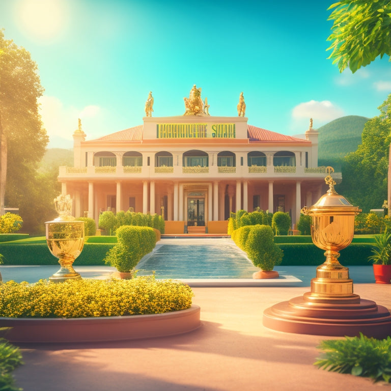 A vibrant, sunny background with a majestic, modern school building in the center, surrounded by lush greenery, with trophies, medals, and certificates displayed in the foreground.