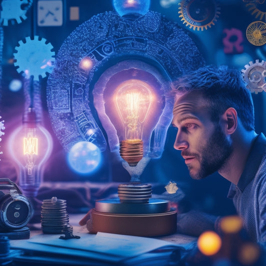 An illustration of a person surrounded by puzzle pieces, with a lightbulb moment above their head, surrounded by interactive elements like gears, wheels, and cogs, with a subtle glow of innovation.