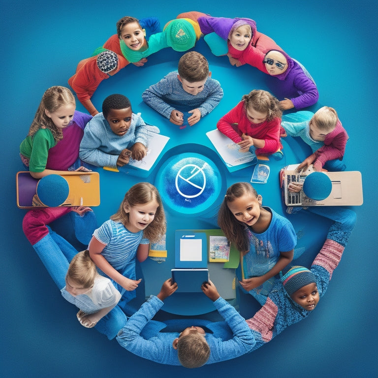 A colorful illustration of a happy, diverse group of kids aged 6-12 sitting in a circle, surrounded by laptops, tablets, and smartphones, with math-related icons and symbols floating above them.