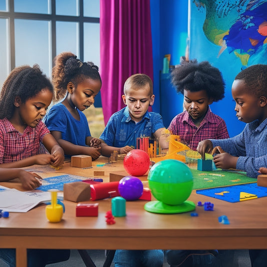 A vibrant, clutter-free desk with a diverse group of children (ages 6-12) engaged in hands-on math and science activities, surrounded by colorful blocks, globes, microscopes, and interactive puzzles.