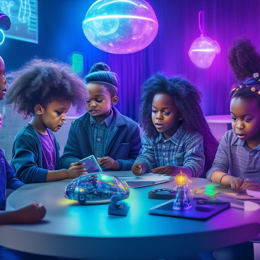 A colorful, futuristic classroom scene with diverse kids engaging with interactive learning tools: tablets, robots, and virtual reality headsets, amidst a backdrop of swirling brain waves and glowing light bulbs.