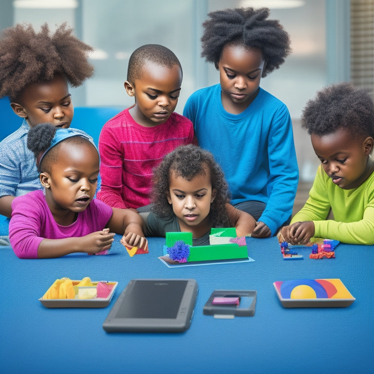 An illustration of a diverse group of young children (ages 4-6) gathered around a tablet, engaged in a digital math learning activity, surrounded by colorful blocks, shapes, and number lines.
