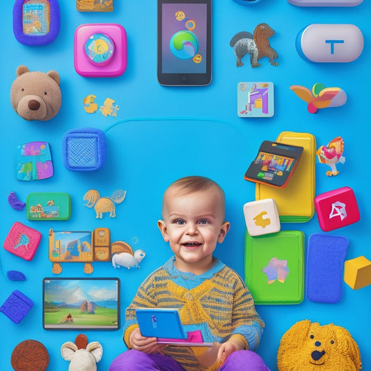 A colorful illustration of a preschooler surrounded by tablets, smartphones, and laptops, with icons of educational apps floating above, featuring cartoon animals, alphabet blocks, and puzzles.