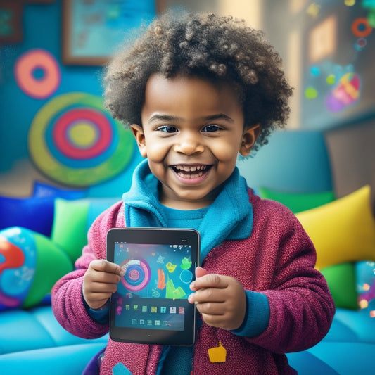 An illustration of a happy, curious child holding a tablet, surrounded by colorful, swirling math symbols, shapes, and graphs, with a subtle Android logo in the background.