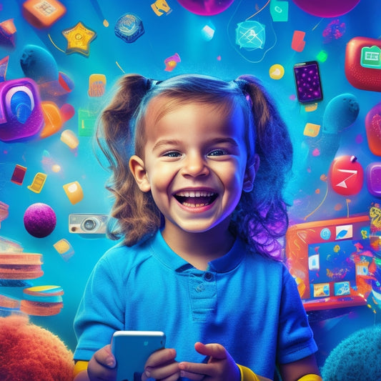 A colorful illustration of a smiling child surrounded by various digital devices, with icons of educational apps, games, and websites floating around, amidst a background of swirling shapes and bright lights.