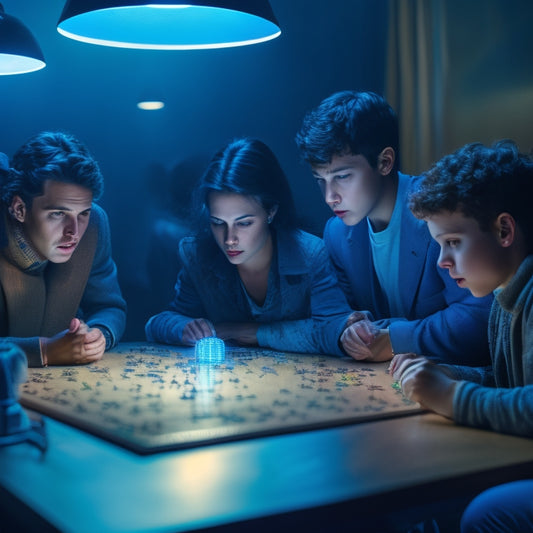 A futuristic, dimly lit room with scattered puzzle pieces, brain teasers, and cryptic maps on wooden tables, surrounded by curious, focused young faces illuminated by soft, blue-tinted lamp light.