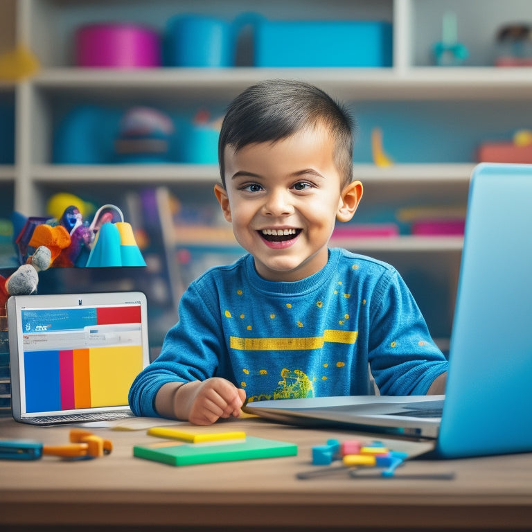 A colorful illustration of a smiling child sitting in front of a laptop, surrounded by learning tools and toys, with a subtle YouTube play button in the background.