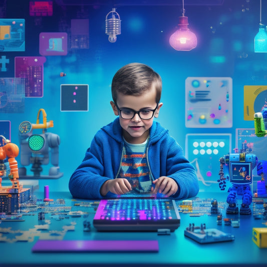 A colorful illustration of a child surrounded by tablets, laptops, and coding robots, with puzzles, gears, and brain teasers floating around, amidst a subtle background of circuit boards and binary code.