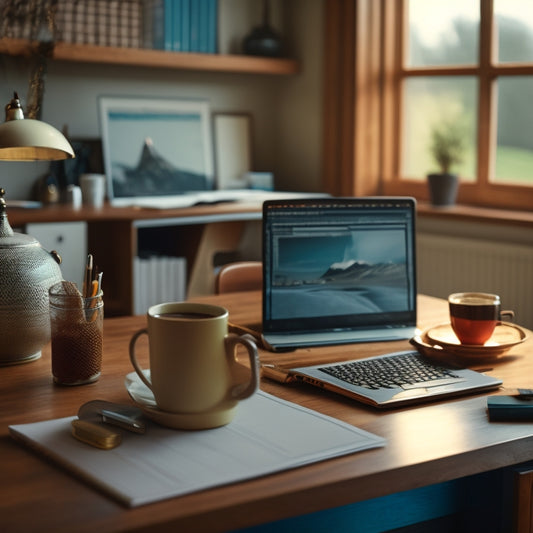 A serene, clutter-free desk with a laptop open to a math problem, surrounded by scattered notebooks, pencils, and a steaming cup of coffee, set against a blurred background of a home office.