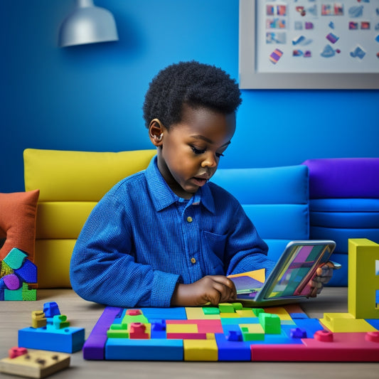 A colorful illustration of a young child sitting in front of a tablet, surrounded by toys and blocks, with a virtual puzzle piece fitting into place on the screen, amidst a subtle background of coding symbols and digital patterns.