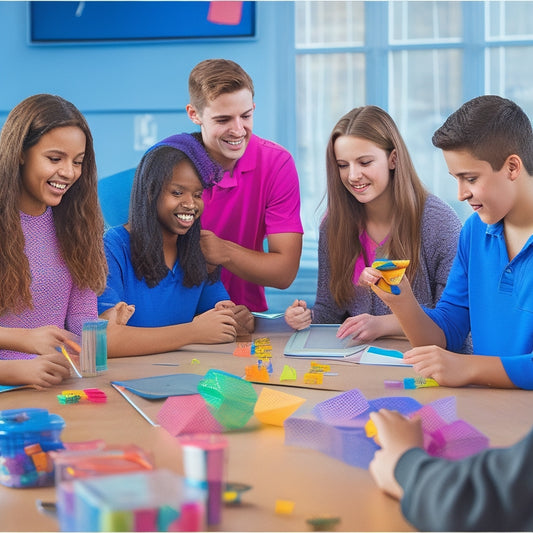 A vibrant, clutter-free classroom scene with 11th graders in small groups, surrounded by colorful math manipulatives, laptops, and tablets, engaged in interactive math activities, with excited facial expressions and gestures.