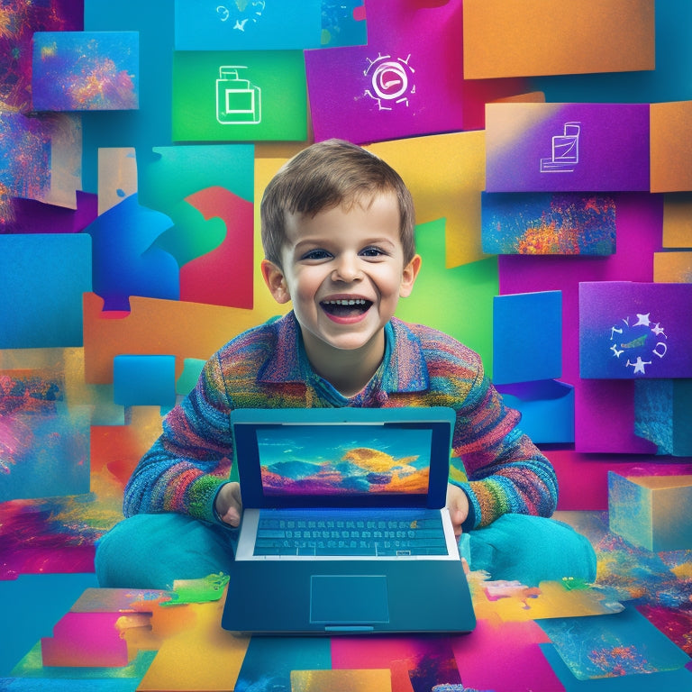 A colorful illustration of a happy autistic child surrounded by five tablets or laptops, each displaying a different online platform's logo or interface, amidst swirling shapes and puzzle pieces in the background.