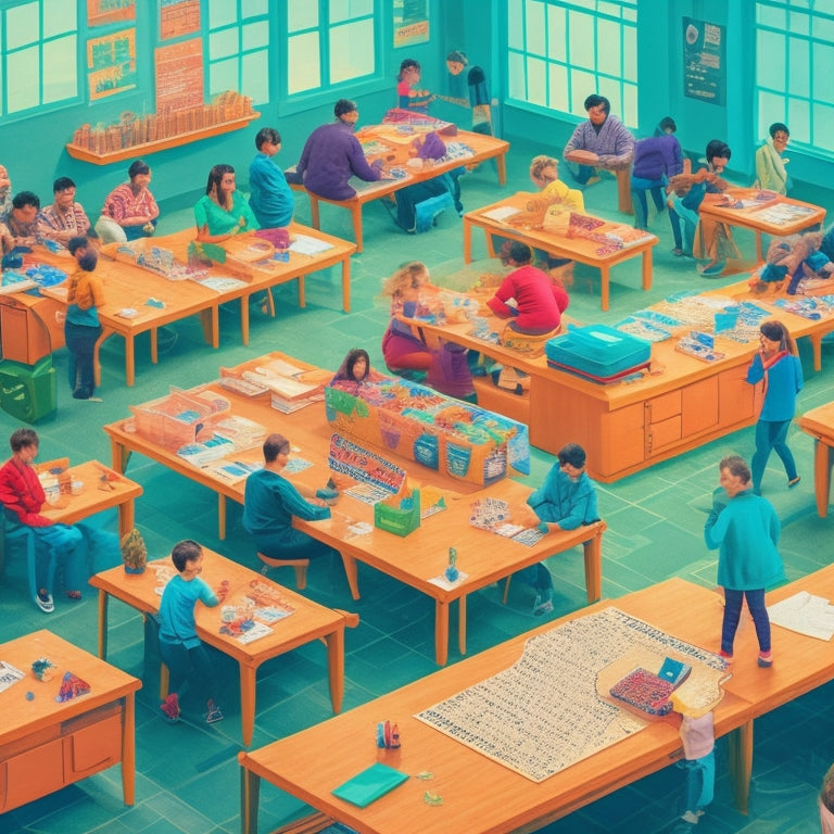 A colorful illustration of a bustling classroom with diverse students engaged in various fun learning activities, including a math scavenger hunt, science experiment, and board game tournament.