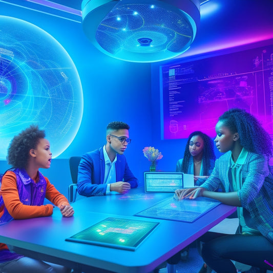 A futuristic, vibrant classroom with diverse students engaged in interactive math activities on holographic screens, surrounded by swirling math symbols and orbiting shapes in a dynamic, neon-lit atmosphere.